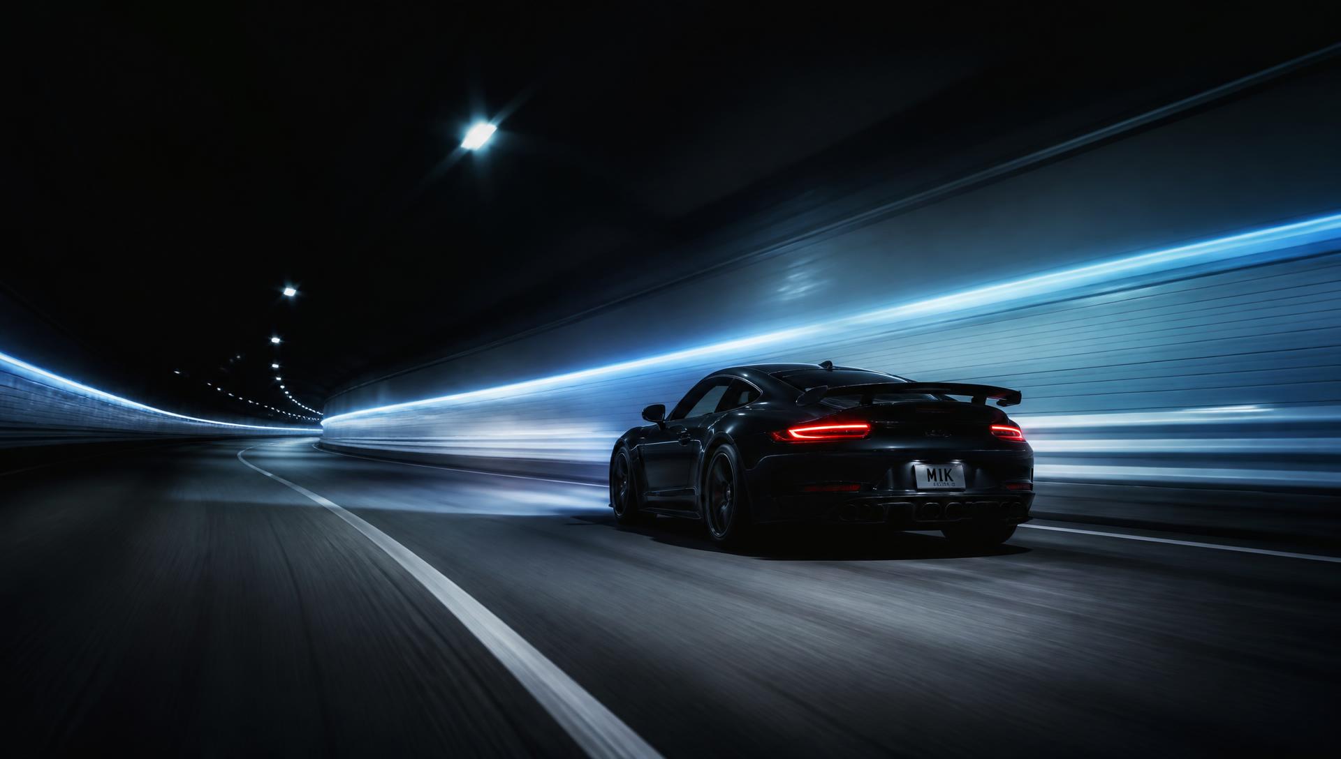 Black sports car accelerating through a tunnel with blue light trails