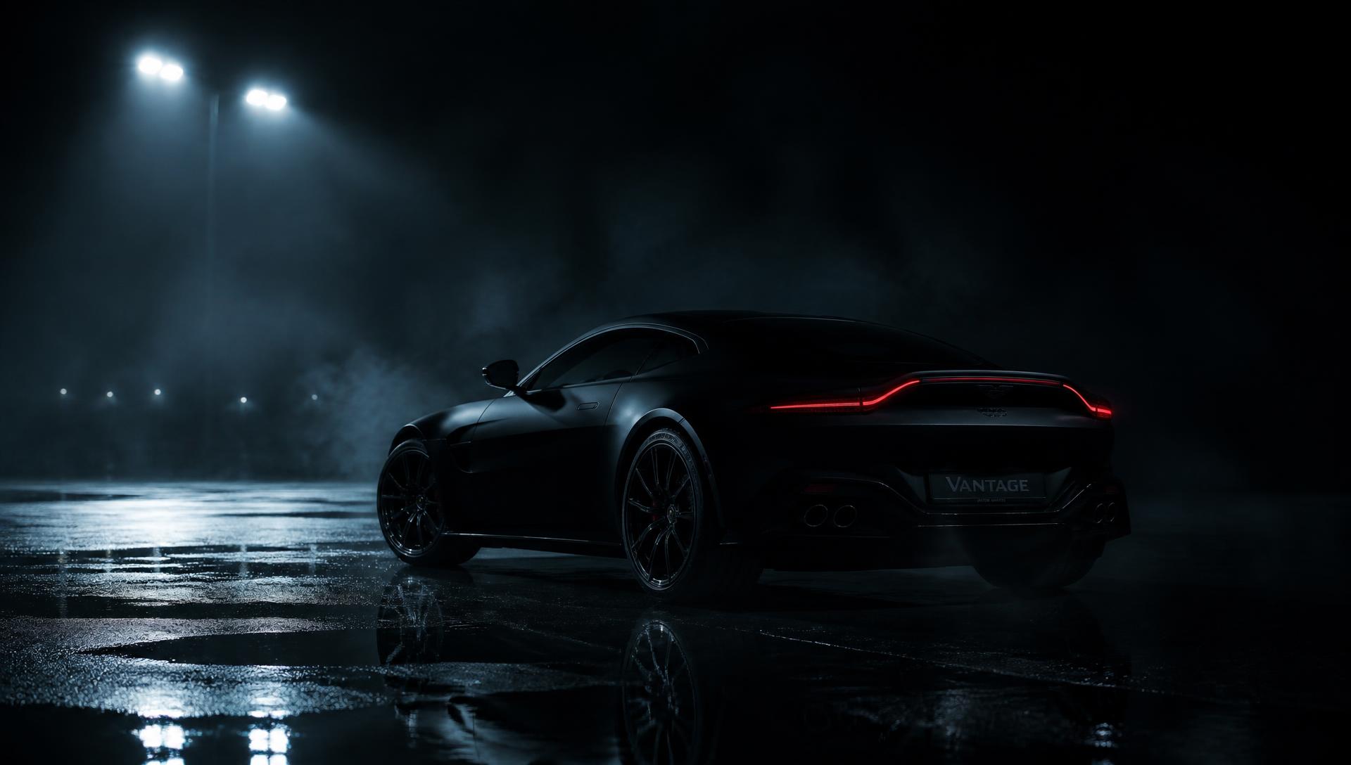 Matte black luxury coupe lit by cool blue light on wet asphalt at night